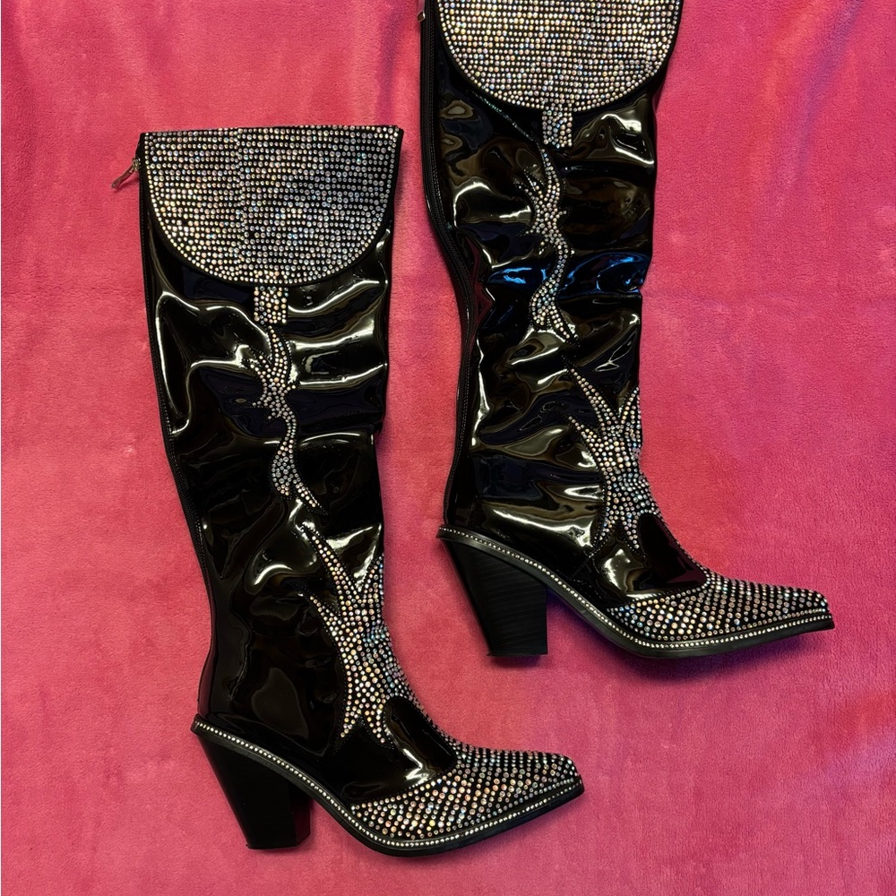 Stunning Black and Silver Over the Knee Boots NWT